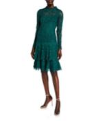 Floral Lace Mock-neck Long-sleeve Tiered Dress