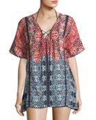 Printed Gauze Lace-up Caftan Coverup