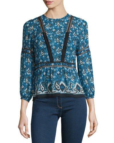 Cabo Boho Paisley Silk Blouse, Blue