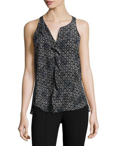 Ruffle Sleeveless Silk Tank Top, Black