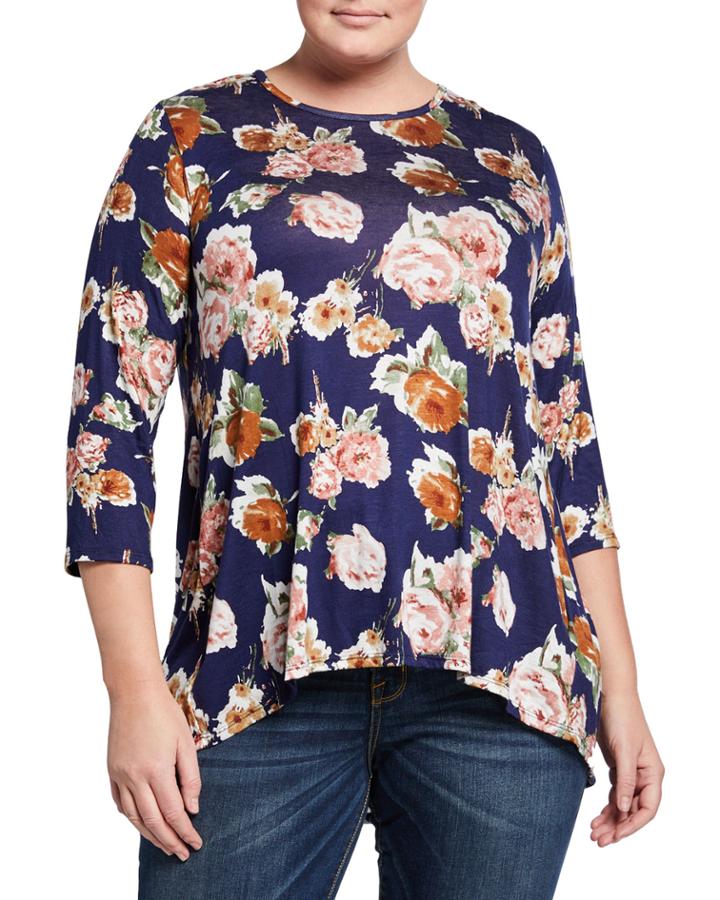 Floral-print 3/4-sleeve Top W/ Back Pleat