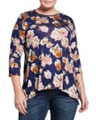 Floral-print 3/4-sleeve Top W/ Back Pleat