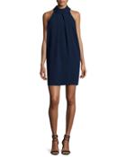 Sleeveless Pleated Mock-neck Shift Dress, Indigo