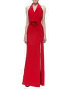 Cowl-neck Jersey Halter Gown, Red
