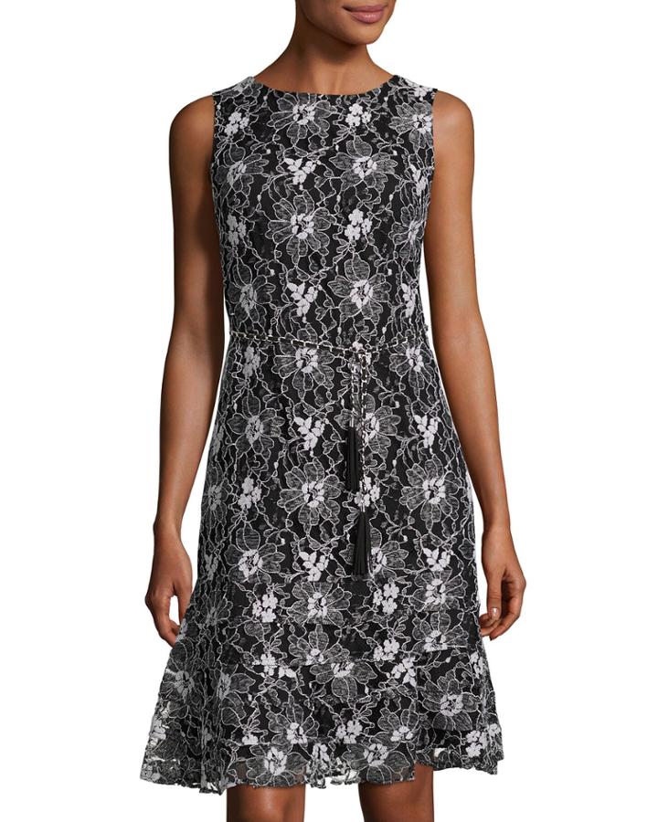 Lace-overlay Belted Fit-and-flare Dress,