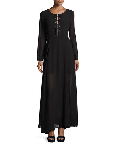 Long-sleeve Lace-up Maxi Dress, Black