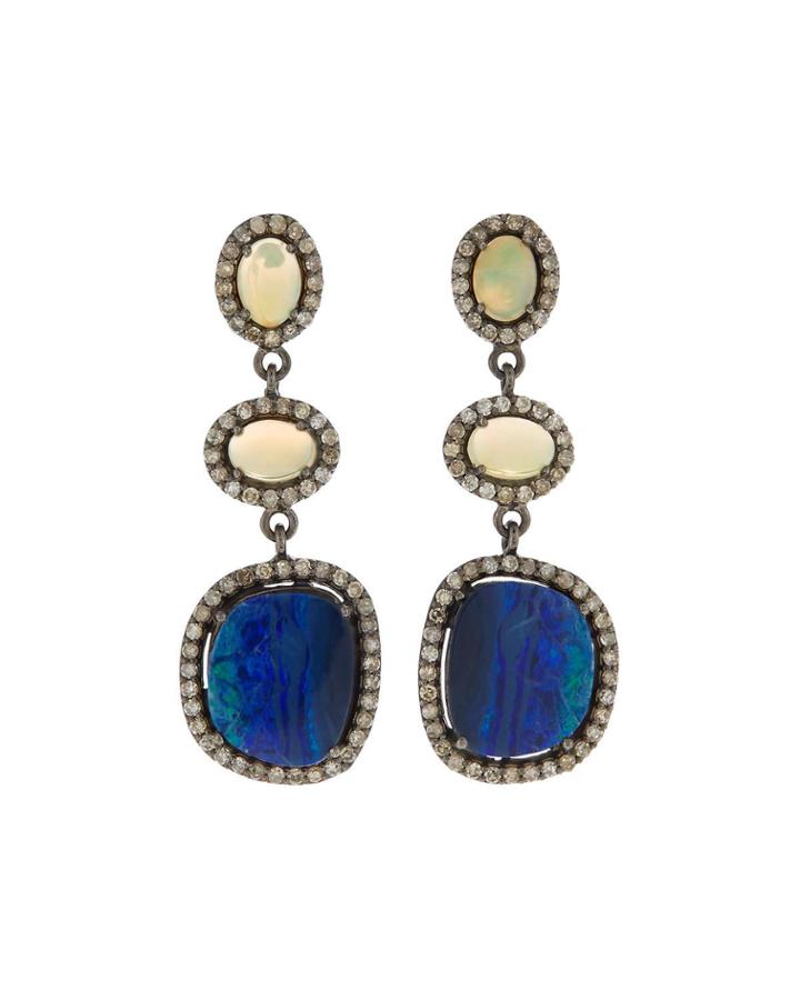 Black Silver 3-drop Earrings With Compressed Opal & Diamonds