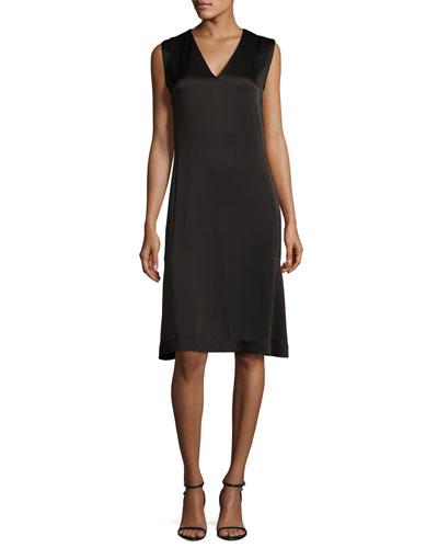 Sleeveless V-neck Satin Shift Dress, Black
