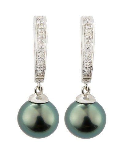 Diamond Hoop Tahitian Pearl Earrings