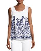 Floral-embroidered Tank, White/blue