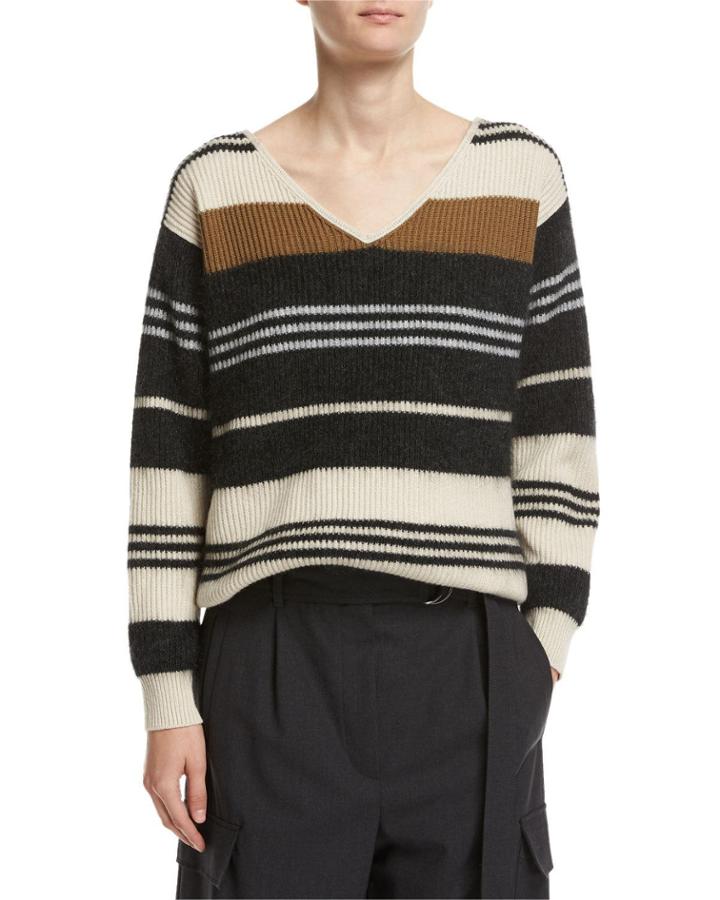 Striped Wool-cashmere-silk V-neck