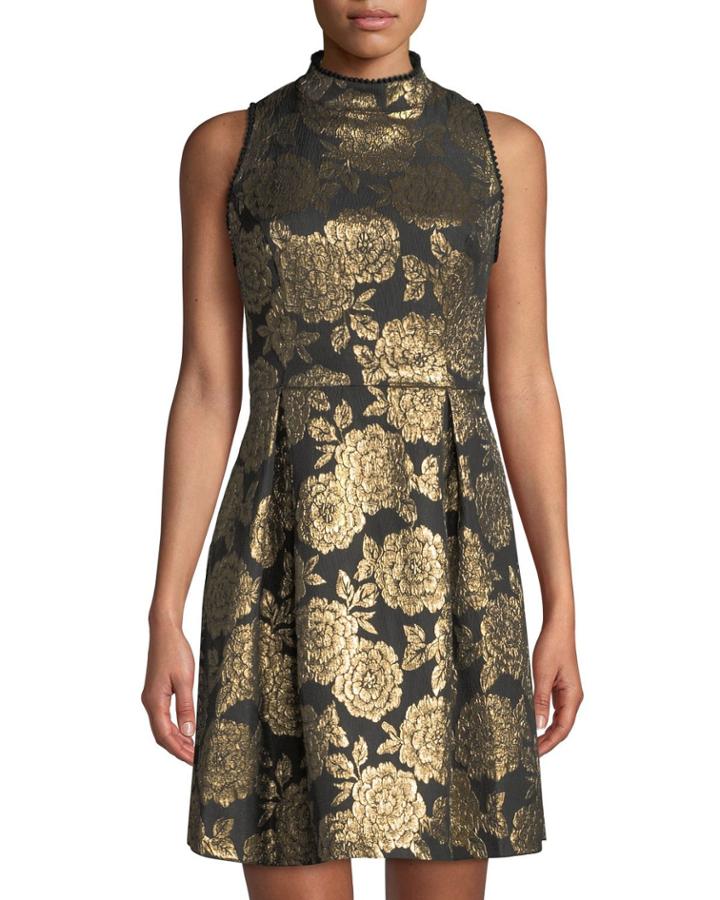 Foiled Jacquard Mock-neck A-line Dress