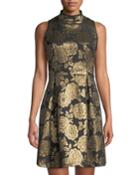 Foiled Jacquard Mock-neck A-line Dress