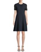 Caliana Ruched Jewel-neck Short-sleeve Fit-and-flare Crepe Dress