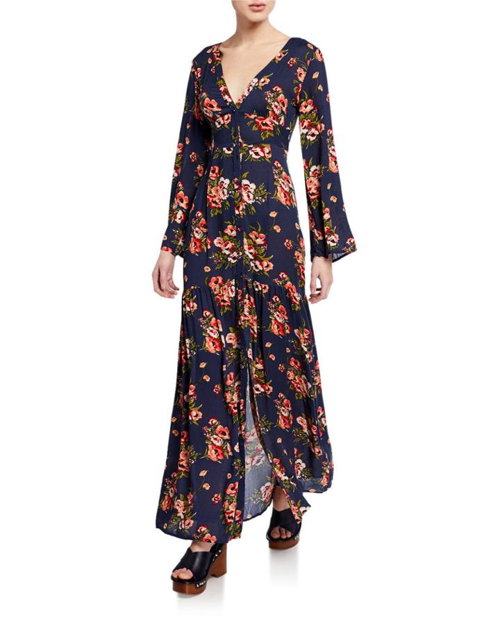 Long-sleeve Button Front Floral Print Jumpsuit