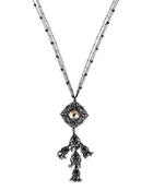 Long Filigree & Crystal Pendant Necklace, Black
