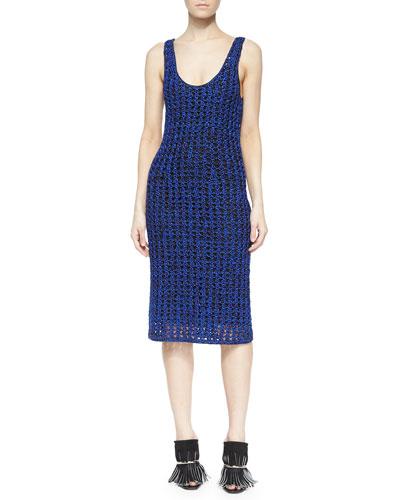 Sleeveless Open Crochet Tank Dress, Cobalt/black
