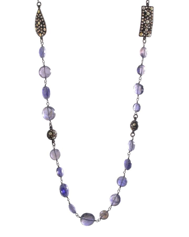 Black Silver Strand Necklace With Purple Iolite & Multicolor Diamonds,