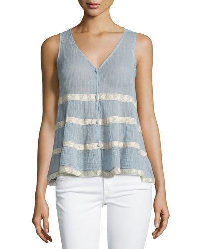 Lightweight Lace-trim Tank, Blue/ivory