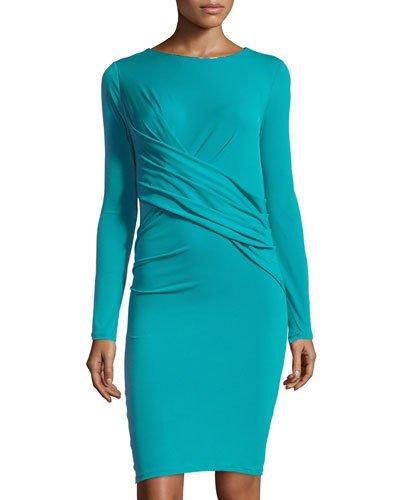 Long-sleeve Gathered Dress, Tile Blue