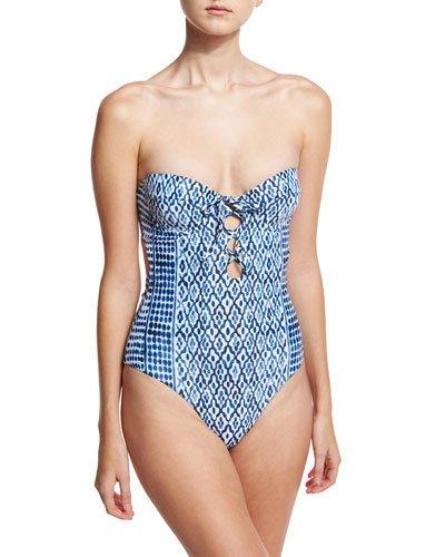 Printed Lattice Underwire Bandeau One-piece Swimsuit, Blue Pattern