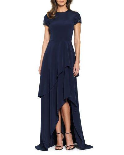 Ruffle-tiered Short Sleeve Evening Gown