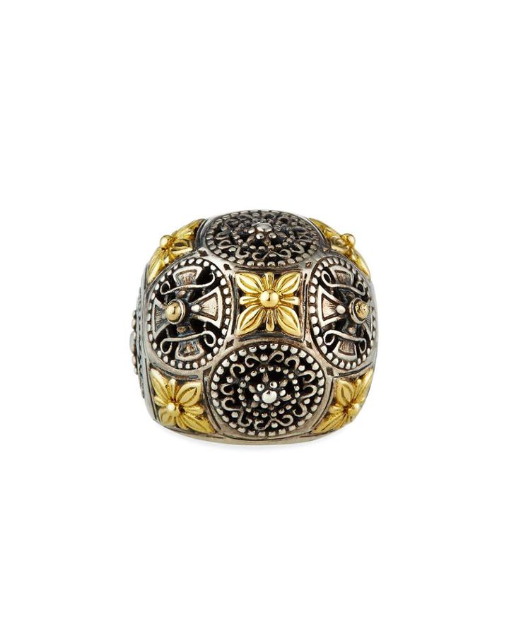 Carved Sterling Silver & 18k Floral Dome Ring