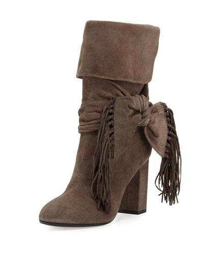 Fringe-bow Suede 85mm Bootie, Urban Gray