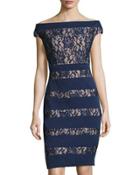Boat-neck Cap-sleeve Lace-panel Dress, Navy
