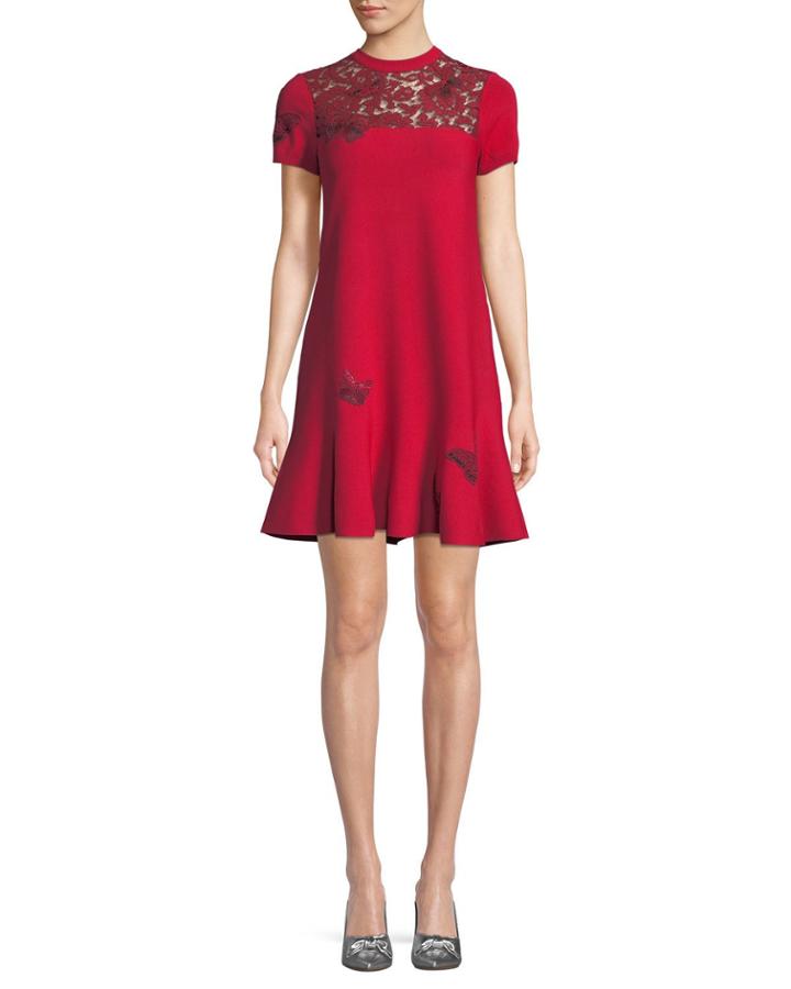 Short-sleeve Stretch-knit Dress With Butterfly Embroidery &