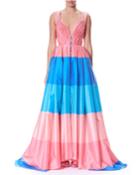 Wide-stripe Sweetheart Cap-sleeve Taffeta Evening Gown