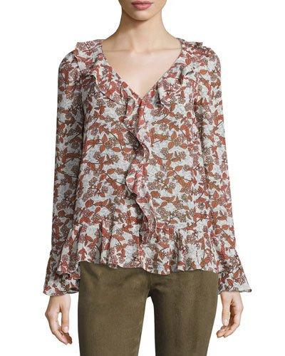 Long-sleeve Ruffled Daisy-print Top, Terra Cotta/parchment