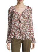 Long-sleeve Ruffled Daisy-print Top, Terra Cotta/parchment