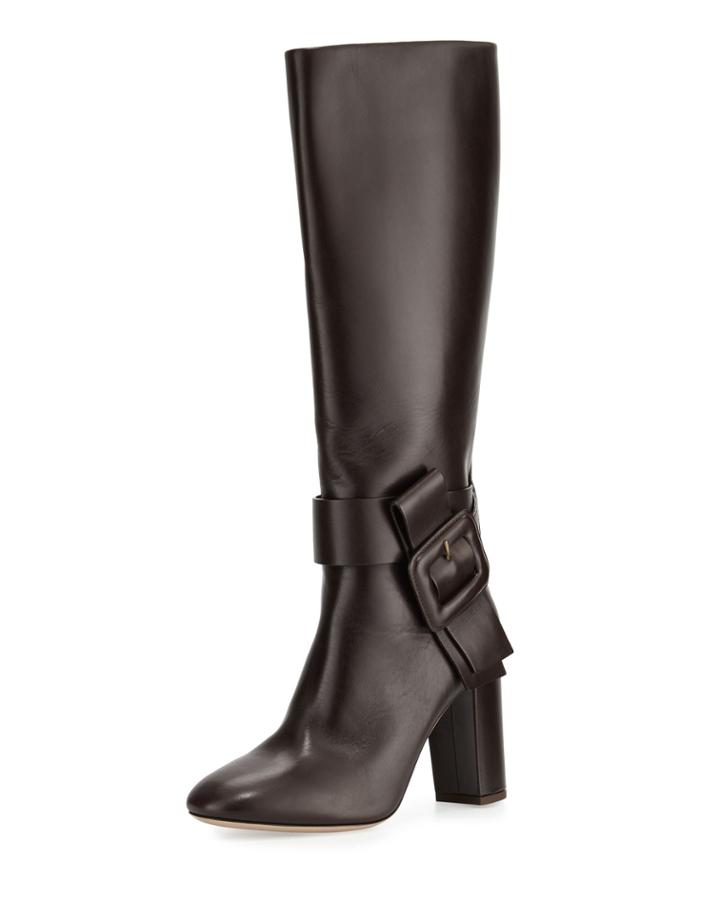 Valentino Buckle Leather Knee Boot, Deep Brown, Women's, Size: