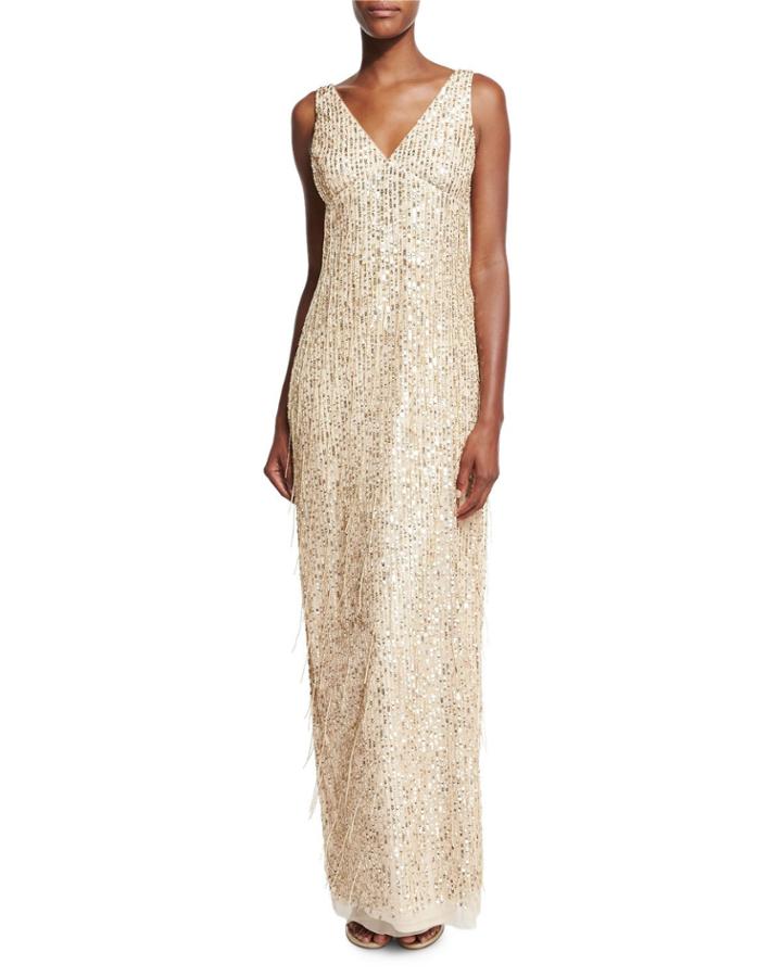 Sleeveless Sequin & Fringe Column Gown