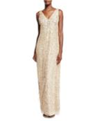 Sleeveless Sequin & Fringe Column Gown