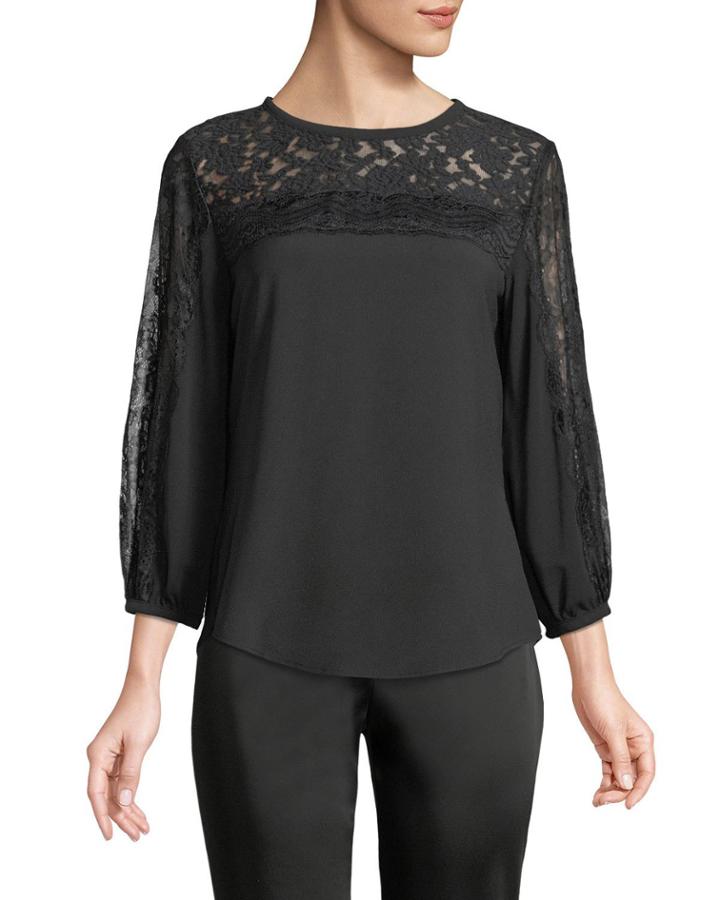 3/4-sleeve Lace Trim Blouse