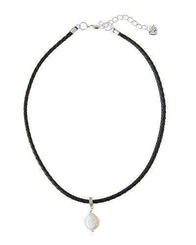 Braided Leather Choker W/ Pearl Coin Charm