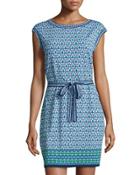 Floral-print Cap-sleeve Dress, Navy/leaf Panel
