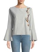 Embroidered Bell-sleeve Open-back Blouse