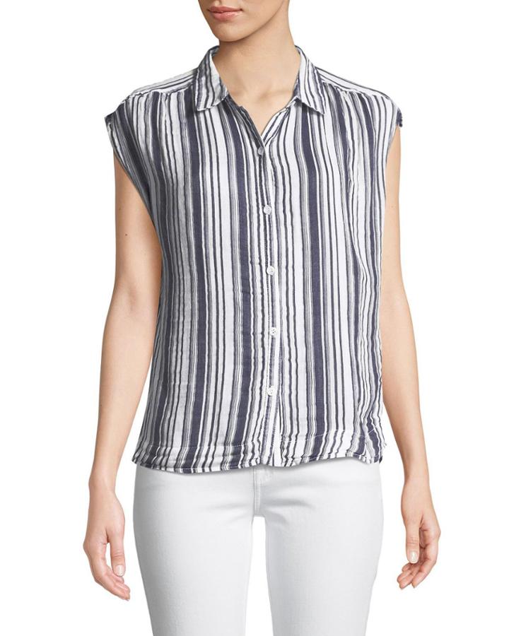 Striped Short-sleeve Button-front Blouse