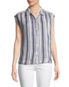 Striped Short-sleeve Button-front Blouse