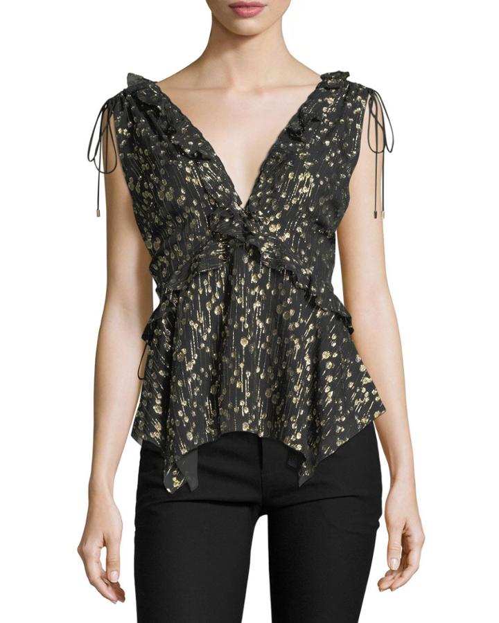 Sleeveless V-neck Metallic Ruffle Top