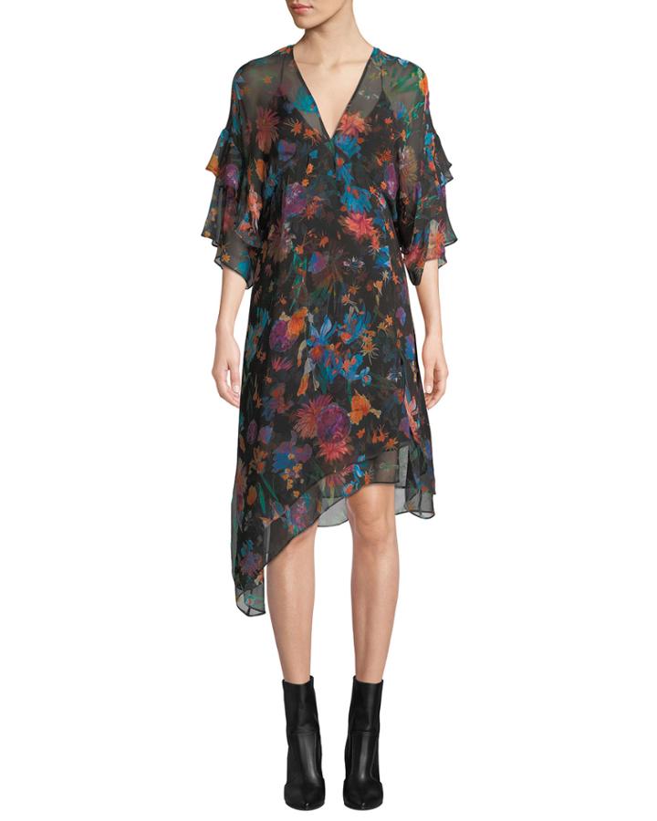 Something V-neck Tiered-sleeve Floral-print Silk