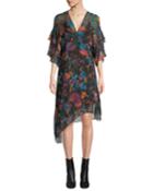 Something V-neck Tiered-sleeve Floral-print Silk
