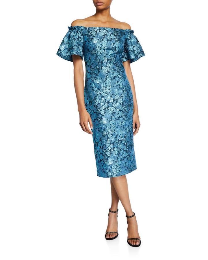 Metallic Tissue Faille Off-shoulder Flare-sleeve Cocktail Dress