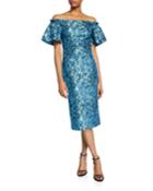 Metallic Tissue Faille Off-shoulder Flare-sleeve Cocktail Dress