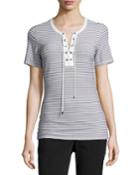 Mesh-stripe Lace-up Tee, White/black