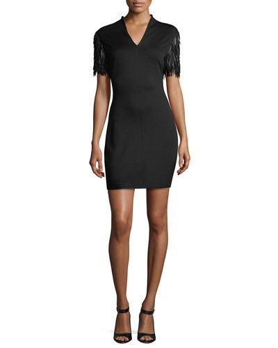 V-neck Fringe-sleeve Dress, Black