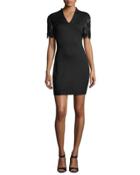 V-neck Fringe-sleeve Dress, Black